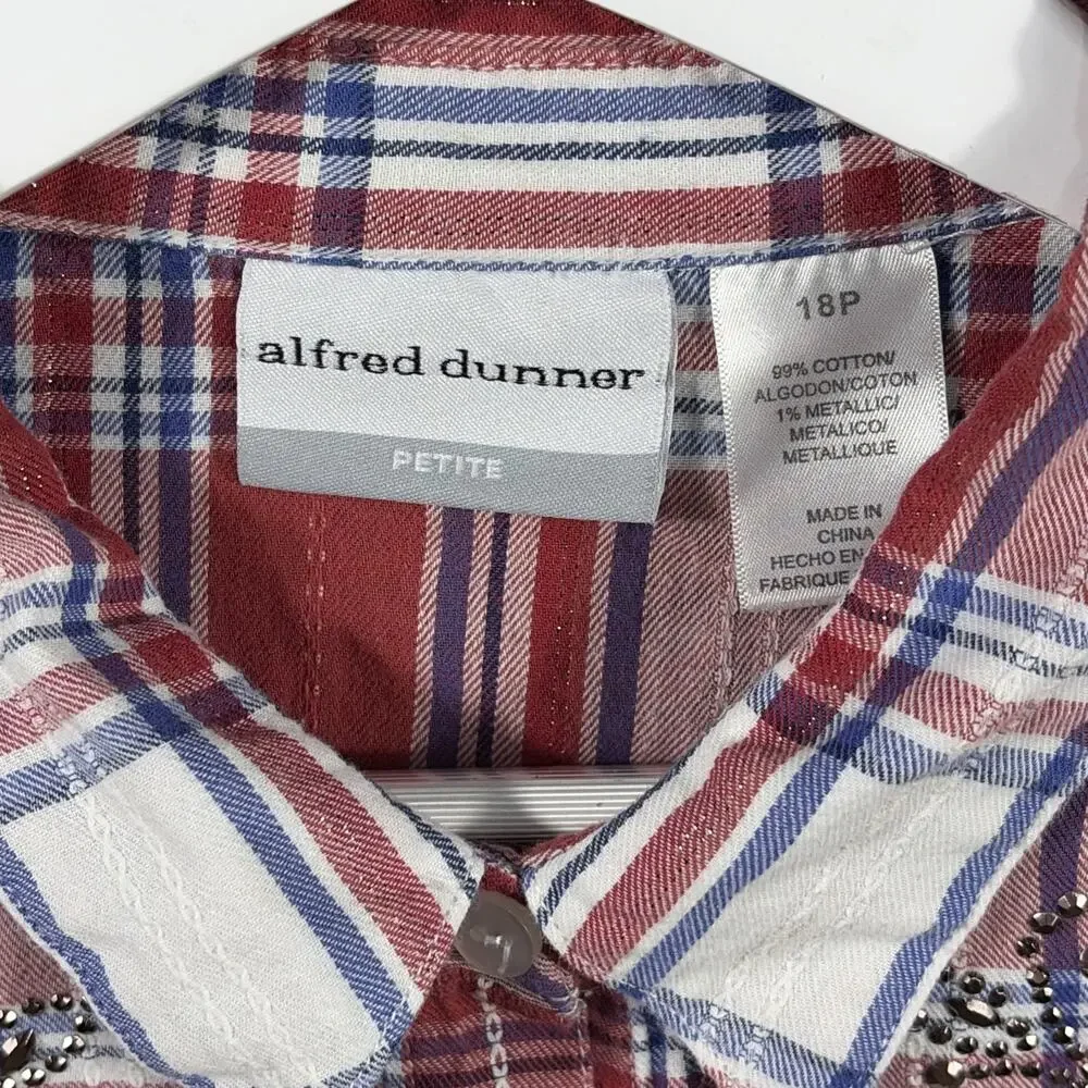 Alfred Dunner Women's Red Plaid 3/4 Sleeve Button Front‎ Top Floral Beading 18P